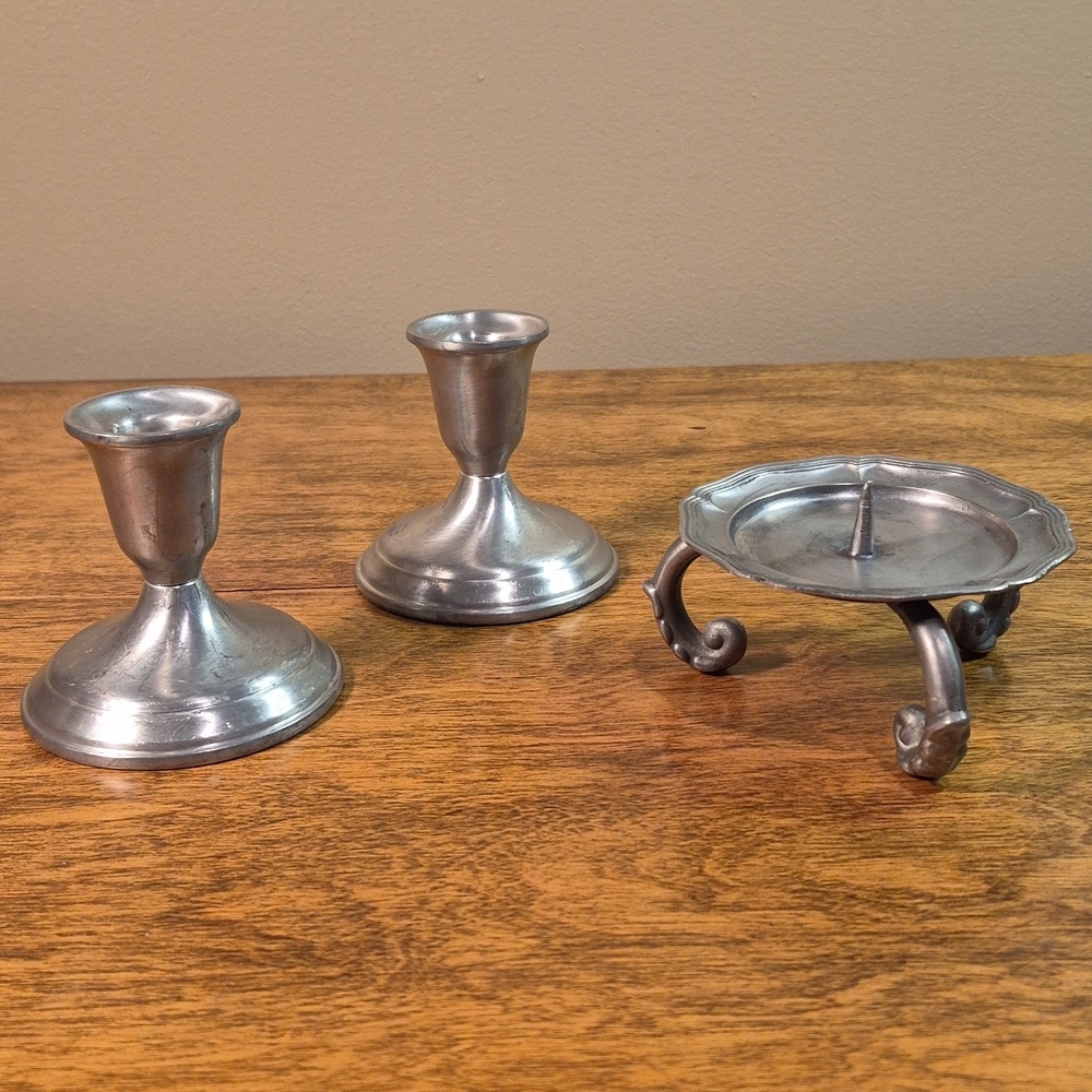 VINTAGE Pair Poole Pewter Candlestick Holders & a Gilde Pillar Candleholder